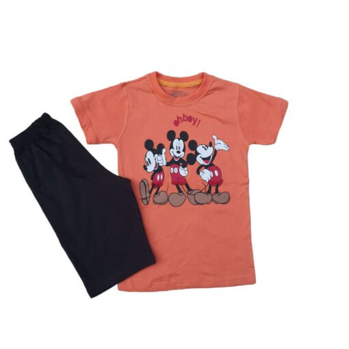 Orange Mickey Mouse Printed Cotton Shorts and Tee Shirts For Kids