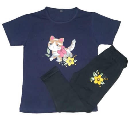 Navy Blue Cat Shirt, Trouser Track Suite For Kids