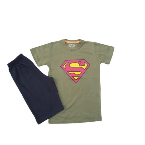 Green Superman Printed Cotton Shorts and Tee Shirts For Kids