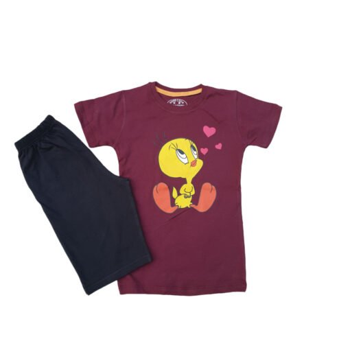 Brown Tweety Printed Cotton Shorts and Tee Shirts For Kids