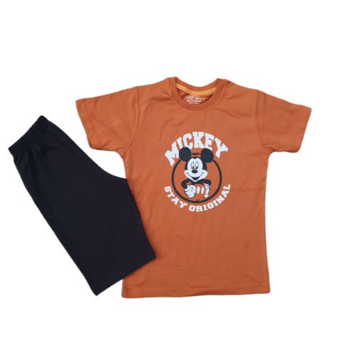 Kids Brown Mickey Printed Cotton Shorts and Tee Shirts For Kids